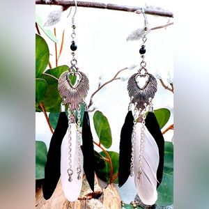Silver leaf dangle chandelier earrings/black/white feathers/silver chain